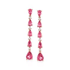 Ross-Simons - 3.00ct t. w. Pink Tourmaline, .16ct t. w. Diamond Drop Earrings in Gold. Give your night-out ensembles a gorgeous pop of pink with these fabulous drop earrings! 3.00 ct. t. w. pear-shaped pink tourmalines dazzle as they descend, with .16 ct. t. w. round brilliant-cut diamonds twinkling in between. Finely crafted in polished 14kt rose gold. Hanging length is 1 1/2". Post/clutch, diamond and pink tourmaline drop earrings. Pink And Gold Jewelry, Prom Earrings, Normal Clothes, Pink Sparkle, Sparkle Earrings, Earrings In Gold, Rose Gold Jewelry, Pink Earrings, Gorgeous Jewelry