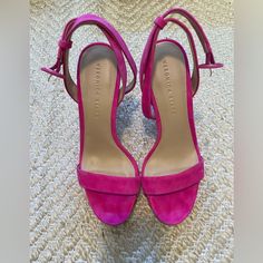 Only Tried One Once. 4 3/4" Heel; 1 1/4" Platform In Gorgeous Fuchsia Suede. With Original Box And Dust Bag. Pink Formal Heels With Heel Loop, Formal Pink Heels With Heel Loop, Pink Heels With Sculpted Heel And Ankle Strap, Pink Formal Heels, Leopard Print Wedges, Platform Espadrille Sandals, Platform Flip Flops, Suede Clogs, Platform Mules