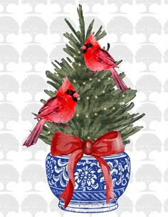 two red birds sitting on top of a christmas tree with a bow around its neck