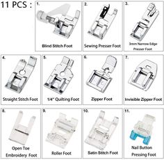 the instructions for sewing machine foot covers are shown in several different styles and sizes, including one