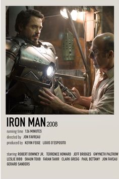 the poster for iron man is shown with an image of two men in front of him