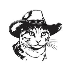 a black and white drawing of a cat wearing a cowboy hat on top of it's head