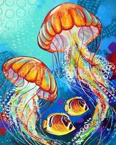 a painting of two jellyfish swimming in the ocean