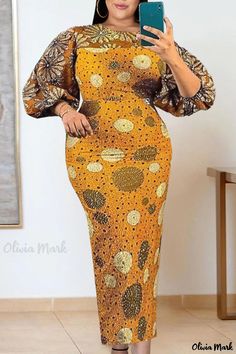 Olivia Mark - Vintage Printed Plus Size Orange Patchwork Dress Featuring an Elegant O Neckline Steps Dresses, Purple And Gold Dress, Best African Dresses, Skirt Plus Size, Ankle Length Dress