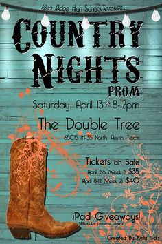 a poster for a country nights event with boots and string lights hanging from the ceiling