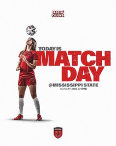 a poster for the mississippi state women's soccer team featuring a woman in red uniform