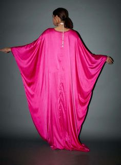 Elevate your style with our french fuchsia crystal embellished border kaftan. This elegant and vibrant piece features a cinched waist for a flattering silhouette, making it perfect for special occasions and gatherings where you want to make a stylish statement. Work Crystals, Kaftan Pattern, Kaftan For Women, Satin Color, Indian Ethnic Wear, Pink Satin, Designer Wear, Batwing Sleeve, Cinched Waist