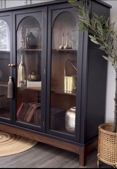 a black china cabinet sitting on top of a wooden floor next to a potted plant