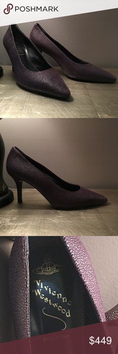 Vivienne Westwood 8 Purple Eggplant Pumps 38 NIB Vivienne Westwood Deep Burgundy (we think of it more as Eggplant) pebbled leather luxury Pumps  Size 38 / 8  and Brand NEW in Box!  Tapered point toe. Leather sole, footbed and upper! Lightly padded footbed. 3.25" heel (approx.)  MADE IN ITALY!  AN EXTRAORDINARY & RARE FIND! Vivienne Westwood Shoes Heels Fall Heels With Textured Sole And Closed Toe, Fall Heels With Textured Sole And Pointed Toe, Classic Almond Toe Heels With Textured Sole, Almond Toe Heels With Textured Sole, Classic Formal Heels With Textured Sole, Purple Heels With Leather Sole For Formal Occasions, Elegant Closed Toe Heels With Textured Sole, Purple Heels With Leather Sole For Formal Events, Formal Closed Toe Heels With Textured Sole