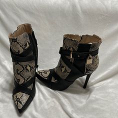 Size 10 Blk And Tan Black Snake Print Boots For Fall, Black Snake Print Ankle Boots, Chic Synthetic Boots With Ankle Strap, Black Snake Print High Heels, Black Snake Print Heels With Round Toe, Jean Boots, Boots Wide Calf, Wide Calf Boots, Wide Calf