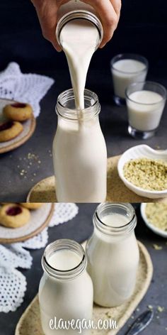 a person pouring milk into two glass jars