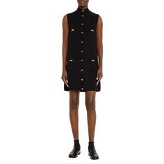 Versace knit dress accented with signature Medusa buttons Spread collar; button front  Sleeveless Four front patch pockets Hem falls above the knee Body-skimming fit  Wool Dry clean Made in Italy Sleeveless Mini Dress With Button Closure For Fall, Fitted Sleeveless Dress With Buttoned Pockets, Workwear Knee-length Dresses With Snap Buttons, Luxury Mini Dress With Buttons For Work, Knee-length Workwear Dress With Snap Buttons, Luxury Women's Mini Dress With Button Closure, Versace Mini Dress, Luxury Button-up Mini Dress, Versace Black Mini Dress