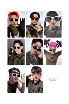 several pictures of people with different colored hair and sunglasses on their heads, one in the process of making an odd face