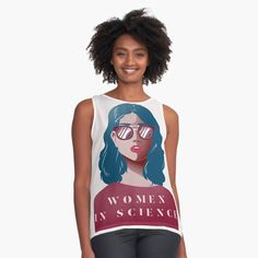 a woman wearing sunglasses with the words women's science on it tank top by artby