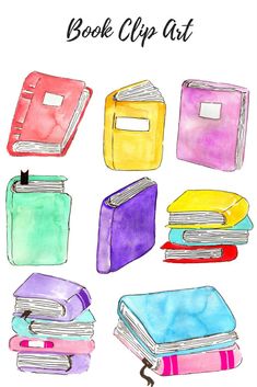 watercolor books clip art with the words book clip art on top of them and an illustration of several different colored books