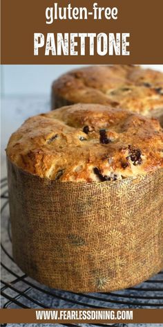 gluten - free panettone on a cooling rack with text overlay