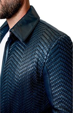 An intricate pattern makes a bold textural statement on a smooth leather jacket that's a contemporary style staple. Front zip closure Spread collar with buckle Front snap-flap patch pockets Lined Leather Professional leather clean Made in Turkey Mens Designer Fashion Outfits, Lv Leather Jacket, Men Statement Pieces, Mens Contemporary Fashion, Leather Jacket Pattern, Cool Jackets For Men, Men Leather Jacket, Mens Leather Jacket, Leather And Denim