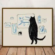 a black cat is standing in front of a whiteboard with drawings on it,