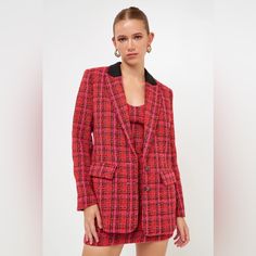 Sophisticated And Stylish, This Single-Breasted Tweed Blazer Has It All. This Blazer Is Perfect For Dressing Up Any Outfit With Its Boyfriend Fit And Stylish Lapel Collar. Completed With Flap Pocket And Long Sleeve, This Piece Will Keep You Looking Chic All Season Long. Keep Your Look Polished By Wearing This Blazer With A Simple Dress Or Jeans And Tee Combo. Single Vent Imported Shoulder Pads Tweed Heart Buttons Pink Red And Black Chic Plaid Tweed Blazer, Chic Fitted Plaid Tweed Jacket, Chic Tailored Plaid Tweed Jacket, Chic Pink Tweed Blazer, Chic Plaid Tweed Jacket With Single Breasted Detail, Chic Pink Tweed Jacket For Formal Occasions, Formal Pink Tweed Blazer, Chic Tailored Tweed Jacket For Parties, Chic Red Tweed Jacket