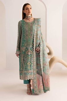 NP-513 | FANCY FORMALS | NUREH in UK USA UAE online kapraye.com Embroidered Long Sleeve Organza Lawn Suit, Green Long Sleeve Organza Lawn Suit, Green Organza Lawn Suit With Long Sleeves, Green Long Sleeve Lawn Suit With Intricate Embroidery, Organza Suits, Dresses Chiffon, Silk Trousers, Organza Dupatta, Chiffon Shirt