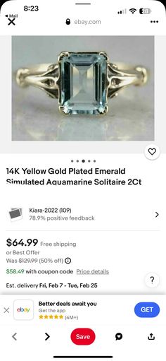 the ring is on sale for $ 2, 99 and it has an aquamarine green stone