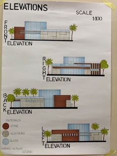 the elevation and scale of an office building with palm trees on each side of it