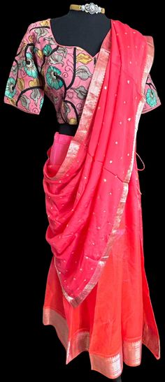 Pink Pure Mangalagiri Silk Cotton Lehenga   Dupatta. Silk Cotton Lehenga with zari borders. Lined skirts and Blouses comes stitched at 36 and can go upto 42/43 , alterations to the blouse can be requested at the time of purchase to the body and sleeve.  , double lined. hand painted pen kalamkari blouses  Color :bright pink   Blouse size :36 goes upto 39 Skirts - 36-40. Duppatta:  georgette  dupatta Kalamkari Blouses, Lined Skirts, Kalamkari Blouse, Skirts And Blouses, Lehenga Dupatta, Cotton Lehenga, Georgette Dupatta, Silk Lehenga, Skirt And Blouse