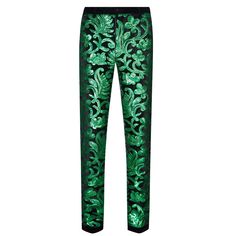 a green and black pants with an ornate design on the bottom, along with two side pockets