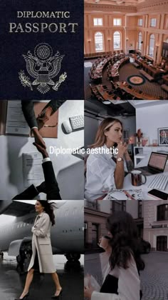 a collage of photos with people walking around and an airplane in the background that says diploma passport