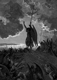 an old illustration of a man holding a spear on top of a hill near the ocean