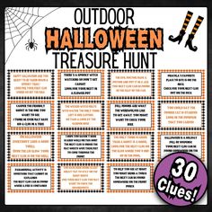 an outdoor halloween treasure hunt is shown with the words,'outdoors halloween treasures hunt '