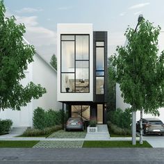 an artist's rendering of a modern house with cars parked in the front yard