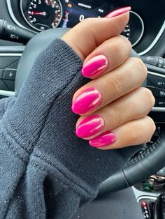 Hot Pink Chrome Acrylic Nails, Pink Almond Design Nails, Barbie Nails Short Almond, Summer Nails 2023 Natural, Chrome Over Pink Nails, Hot Pink Chrome Nails Square, Hot Pink Glazed Donut Nails, Solid Hot Pink Nails, Hot Pink Shellac Nails