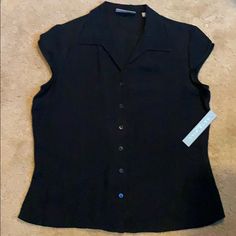 Nwt Kate Hill Petite Silk Blouse, Button Front And Cap Sleeve Approx Measurements Pit To Pit 20” Collar To Hem 25” Waist 37” Black Summer Blouse For Business Casual, Fitted Blouse With Buttons For Business Casual, Black Buttoned Blouse For Office, Formal Solid Color Tops With Buttons, Formal Black Tops With Buttons, Office Wear Tops With Buttons And Collar, Business Casual Black Blouse With Buttons, Fitted Tops With Buttons For Business Casual, Short Sleeve Black Blouse For Business Casual