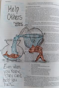 an open bible with drawings of fish and other things in it, including the words help others