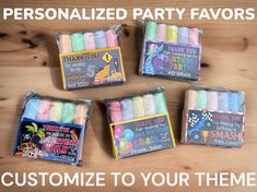 four personalized party favors in plastic bags with the words customize to your theme