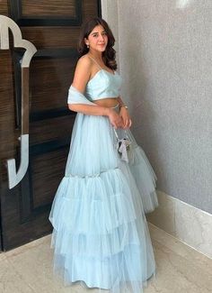 Pale Blue Tulle Lehenga With Pale Blue Bustier Blouse and Frill Dupatta Anisha Shetty - Fabilicious Fashion Frill Dupatta, Light Blue Lehenga, Tulle Lehenga, Bustier Blouse, Pale Blue Wedding, Ruffle Dupatta, Raw Silk Blouse, Blue Lehenga, Net Lehenga