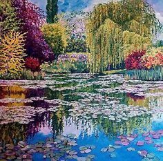 a painting of water lilies and trees