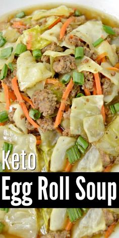 an egg roll soup with carrots, celery and meat in a white bowl