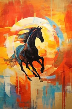 a painting of a horse running in front of an orange and blue background with the sun behind it