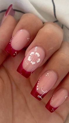 #nails #red #rednails #hibiscus #L #nailart #naildesign #frenchnails Shorties Acrylic Nails Almond, Red Cute Acrylic Nails, Cute Pink Hoco Nails, Flower Nail Designs Square, Nail Designs Hibiscus Flower, Short Cute Red Nails, Red French Tip With Flowers, Easy Basic Nails, How To Do Hibiscus Flower Nails