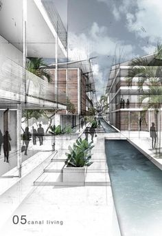 an artistic rendering of people walking on the sidewalk next to a pool and palm trees