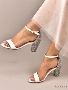 Lasaky - Elegant White Sequined Bridal Sandals with Open Toe and Delicate Sequin Embellishments White Bridal Sandals, Embellished Wedding Shoes, Thigh High Stiletto Boots, Gold Wedding Shoes, Knit Shirt Dress, White Wedding Shoes, Elegant High Heels, Sequin Wedding, Bridal Sandals