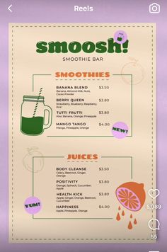 the menu for smoothie bar is shown on an iphone screen, and it's full