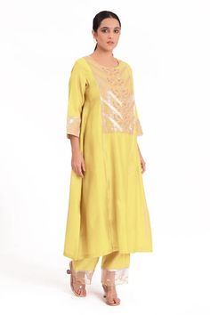 Pastel yellow kurta with embroidered banarasi jacquard tissue yoke. Paired with a slub silk pant and chanderi dupatta with scalloped tissue detailing. - Aza Fashions Fitted Yellow Cotton Silk Kurta, Yellow Cutdana Sets For Spring, Yellow Palazzo Set With Zari Work For Spring, Yellow Cotton Silk Kurta With Pallu, Spring Yellow Kurta With Cutdana, Yellow Cotton Silk Kurta For Spring, Yellow Sets With Gota Work For Spring, Spring Yellow Cotton Silk Kurta, Spring Yellow Sets With Gota Work