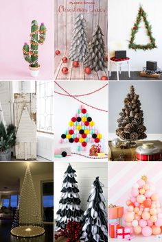 different types of christmas trees are shown in this collage with pink and white colors