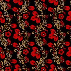 a red and gold floral pattern on black background stock photo - 138978