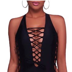 Brand New With Tags Holipick Women Sexy One Piece Swimsuits Plunge V Neck Bathing Suits Lace Up Monokini Strappy Cutout Swimwear Color Black Size S Black Backless One-piece For Beach Season, Elegant Cutout Backless Swimwear, Elegant Backless Cutout Swimwear, Black Backless One Piece For Pool, Black Backless One-piece For Pool, Fitted V-neck Swimwear With Cutout, Black Backless One-piece Beachwear, Fitted V-neck Cutout Swimwear, Fitted Black One Piece For Party