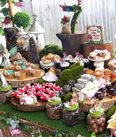 a table filled with lots of cakes and cupcakes on top of green grass