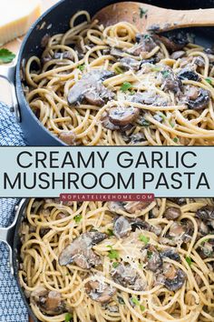 creamy garlic mushroom pasta in a skillet